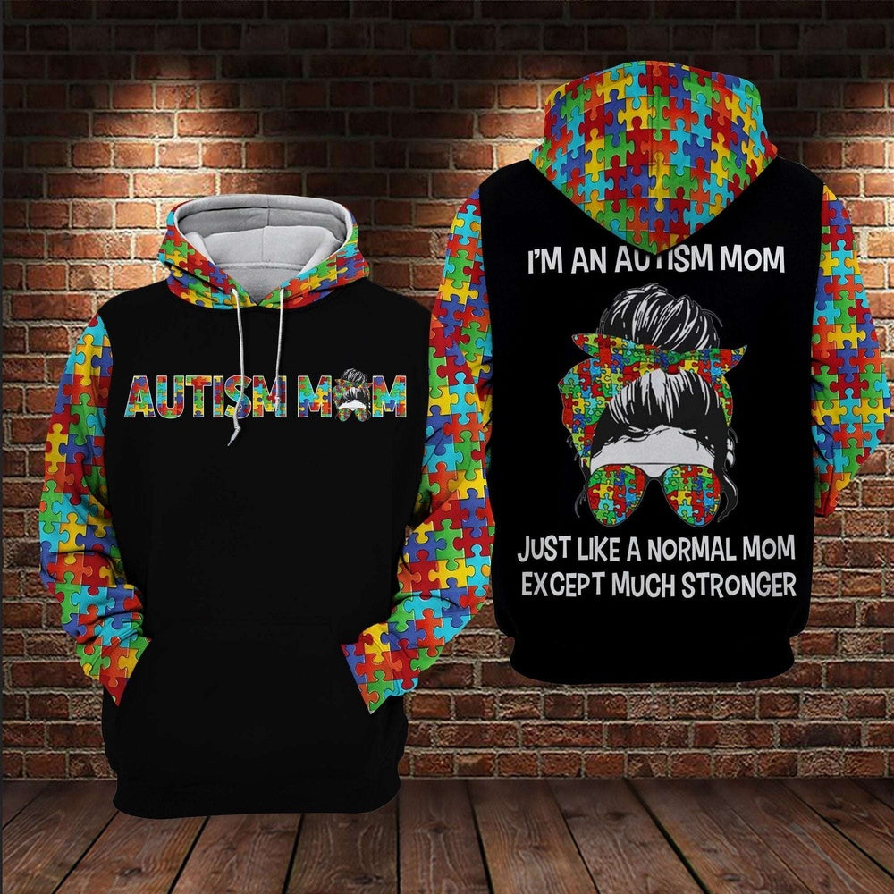 Autism Hoodie, Colorful Puzzle Piece Autism Mom Much Stronger All Over Print Hoodie