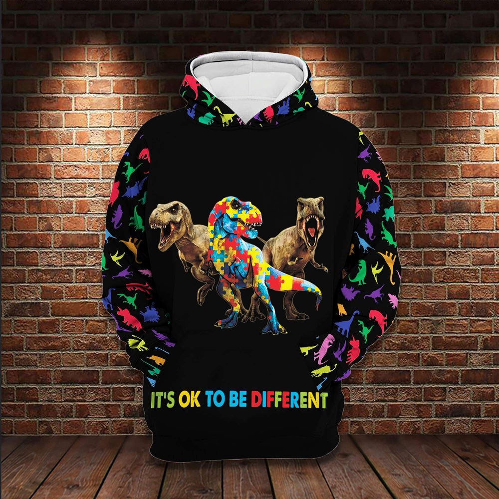 Autism Hoodie, Dinosaur Color It'S Ok To Be Different All Over Print Hoodie