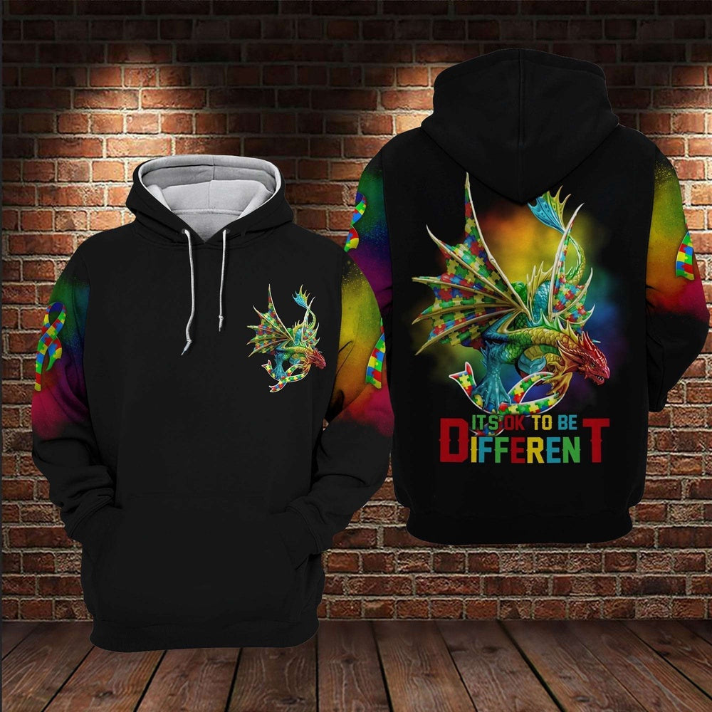 Autism Hoodie, Dragon Puzzle Piece It'S Ok To Be Different All Over Print Hoodie