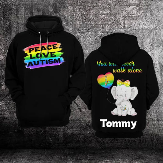 Autism Hoodie, Elephant Autism Awareness Peace Love Autism You Will Never Walk Alone Custom All Over Print Hoodie
