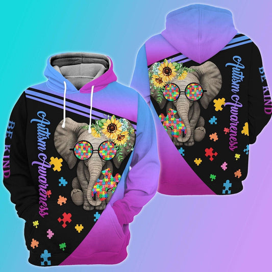 Autism Hoodie, Elephant Colorful Puzzle Piece All Over Print Hoodie