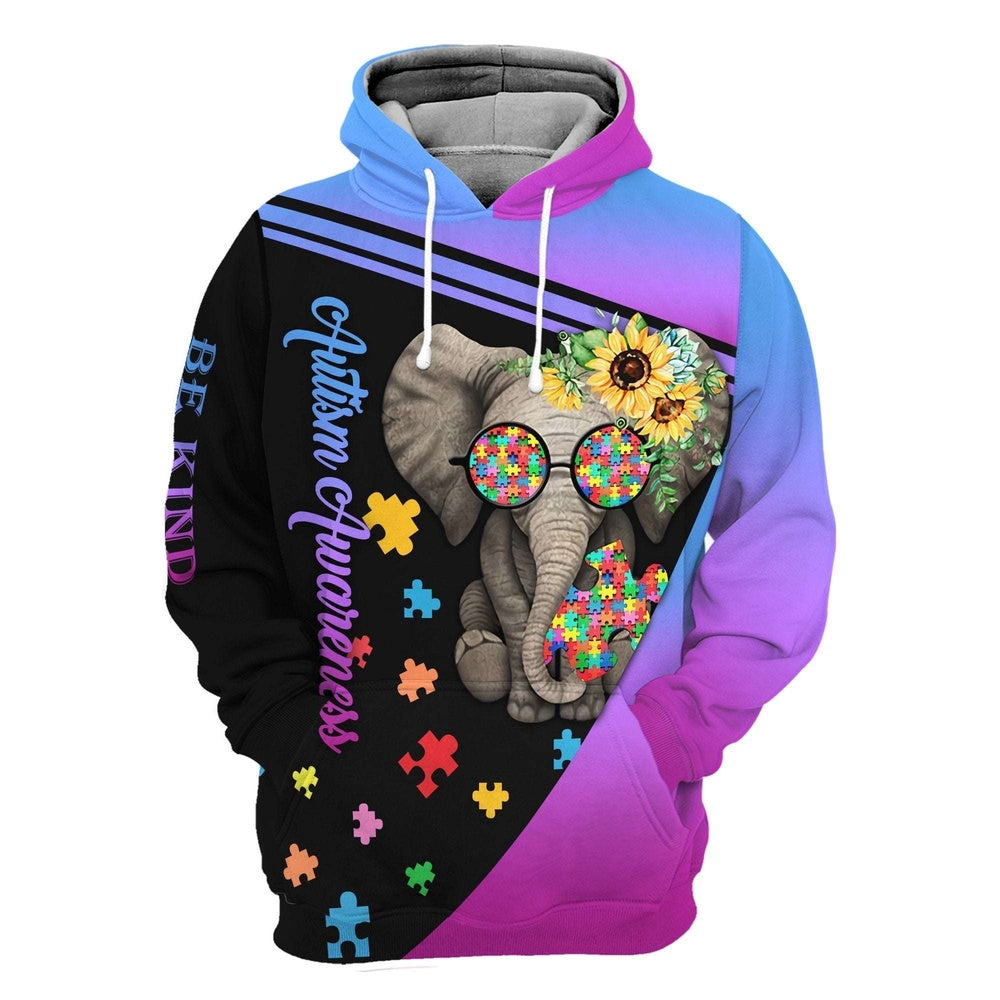 Autism Hoodie, Elephant Colorful Puzzle Piece All Over Print Hoodie