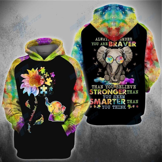 Autism Hoodie, Elephant Colorful You Are Braver All Over Print Hoodie