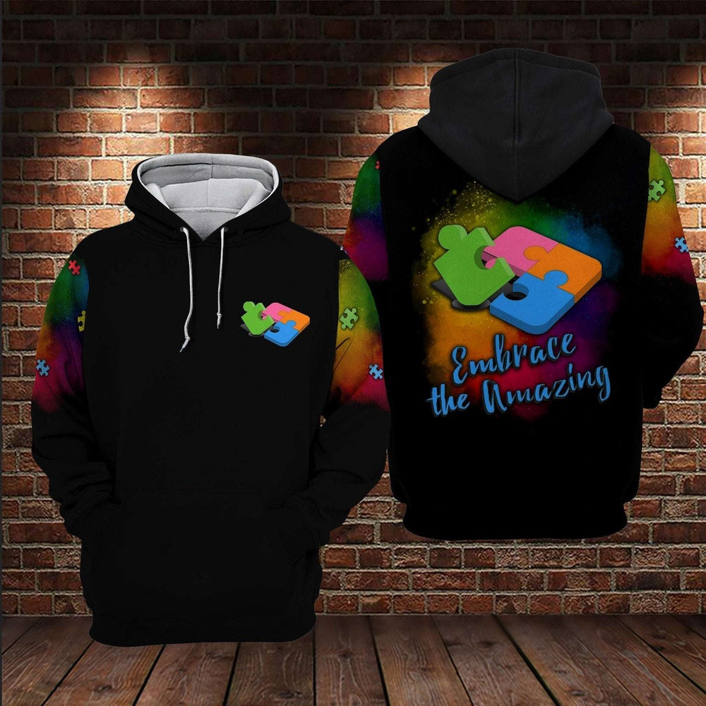 Autism Hoodie, Embrace The Amazing Puzzle Piece All Over Print Hoodie