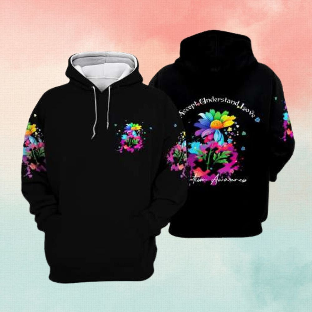 Autism Hoodie, Flower Colorful Accept Understand Love All Over Print Hoodie