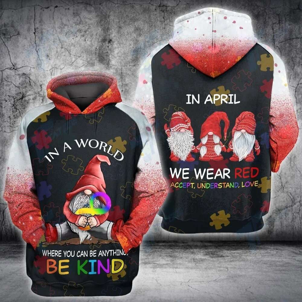 Autism Hoodie, Gnome In April We Wear Red All Over Print Hoodie