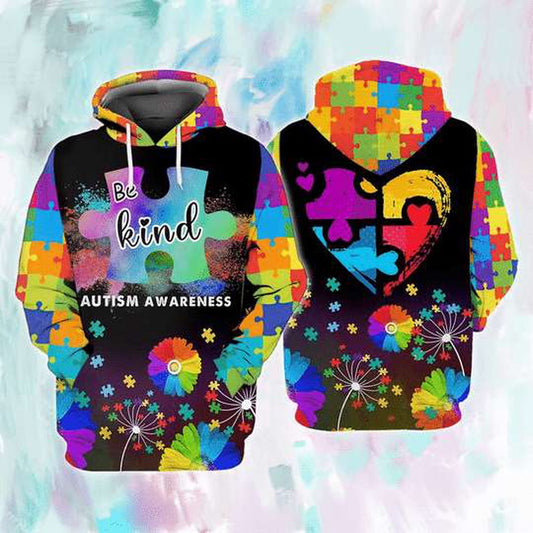 Autism Hoodie, Heart Puzzle Piece Flower Colorful All Over Print Hoodie