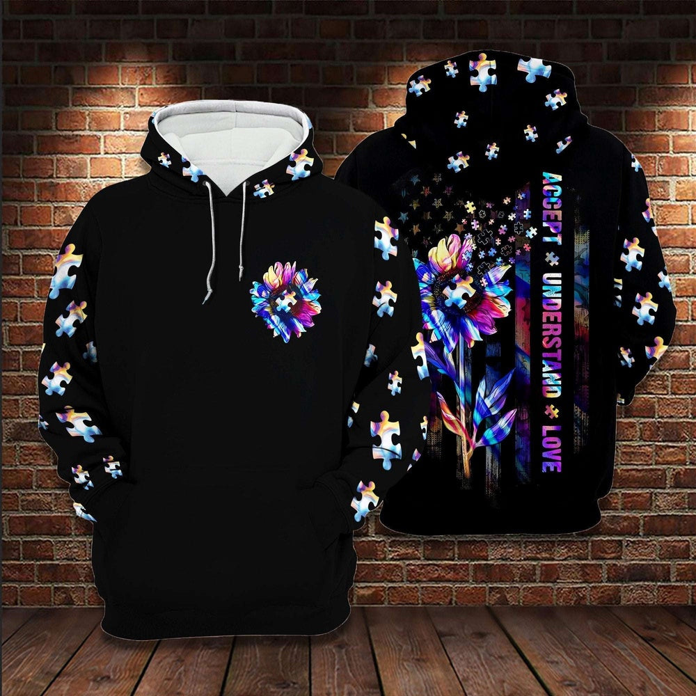 Autism Hoodie, Hologram Flower Us Flag All Over Print Hoodie