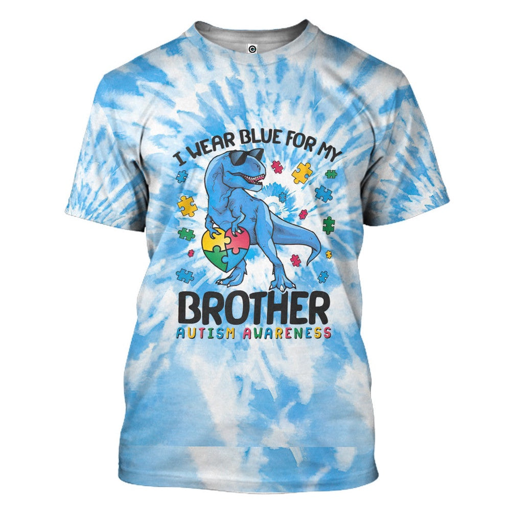 Autism Hoodie, I Wear Blue For My Brother Autism Awareness T-Rex Tie Dye Custom All Over Print Hoodie