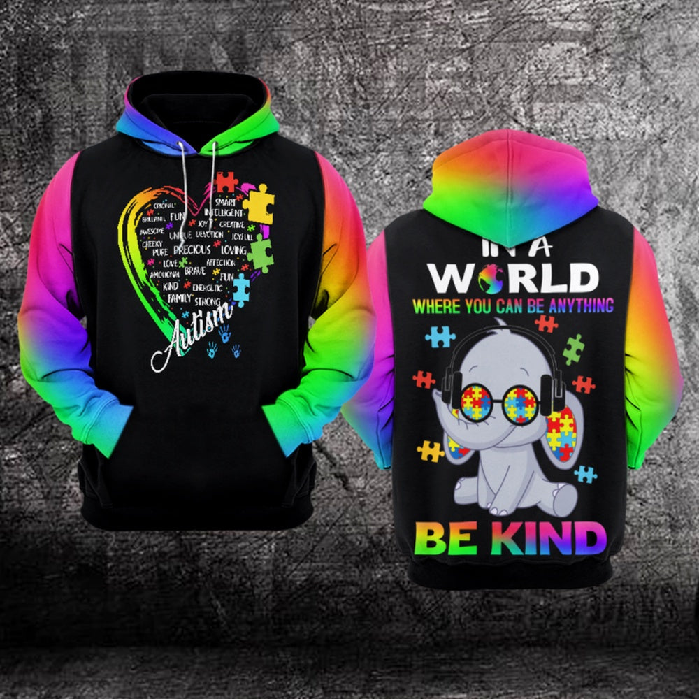 Autism Hoodie, In A World Where You Can Be Anything Be Kind All Over Print Hoodie
