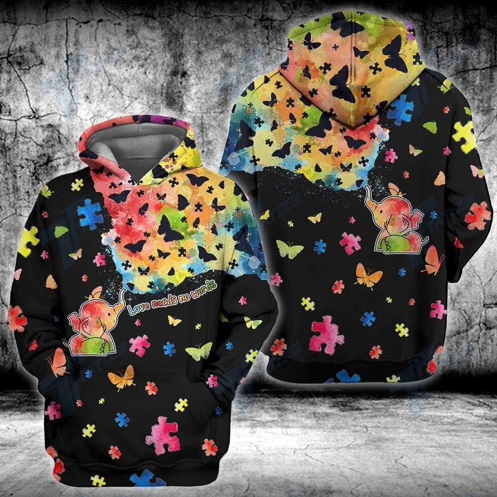 Autism Hoodie, Love Needs No Words Elephant All Over Print Hoodie