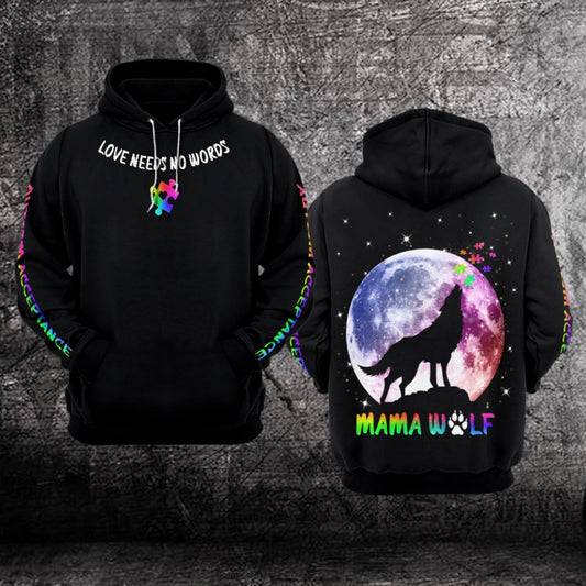 Autism Hoodie, Mama Wolf Love Needs No Words All Over Print Hoodie