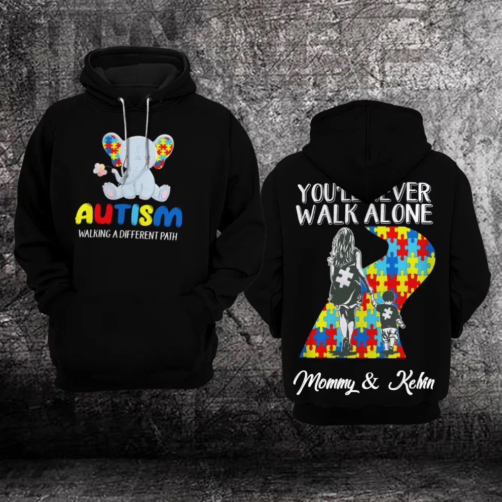 Autism Hoodie, Mom And Son Autism Awareness Walking A Different Path Custom All Over Print Hoodie