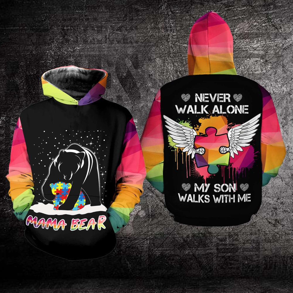 Autism Hoodie, Never Walk Alone My Son Mama Bear All Over Print Hoodie