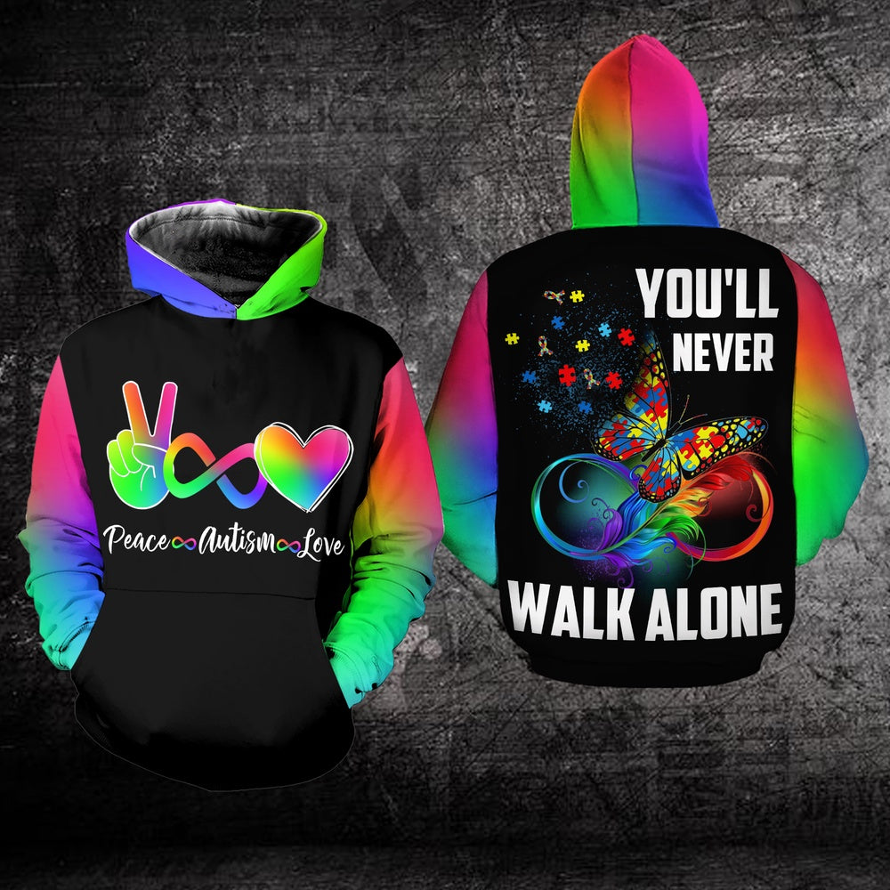 Autism Hoodie, Peace Autism Love You Never Walk Alone All Over Print Hoodie