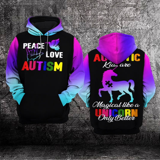 Autism Hoodie, Peace Love Autism, Autistic Kids Are Magical Like A Unicorn Only Better All Over Print Hoodie