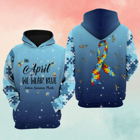 Autism Hoodie, Ribbon We Wear Blue All Over Print Hoodie