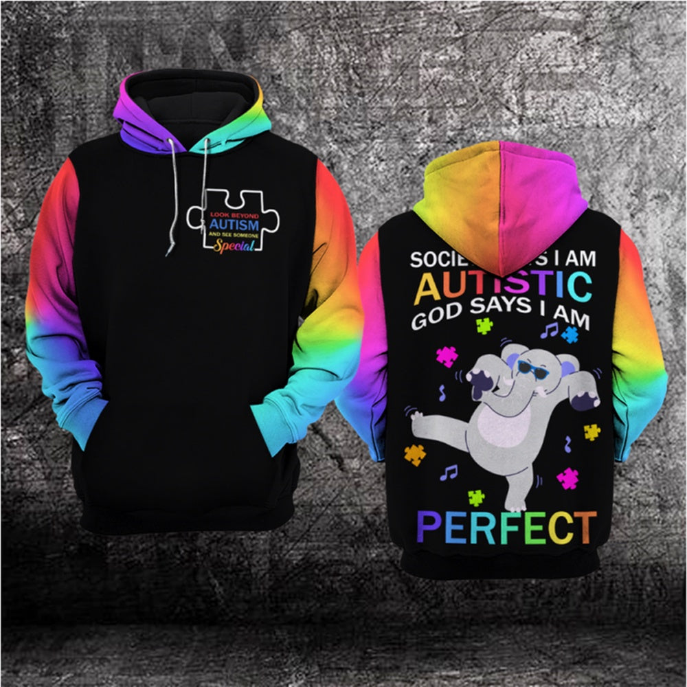 Autism Hoodie, Society Says I Am Autistic God Says I Am Perfect All Over Print Hoodie