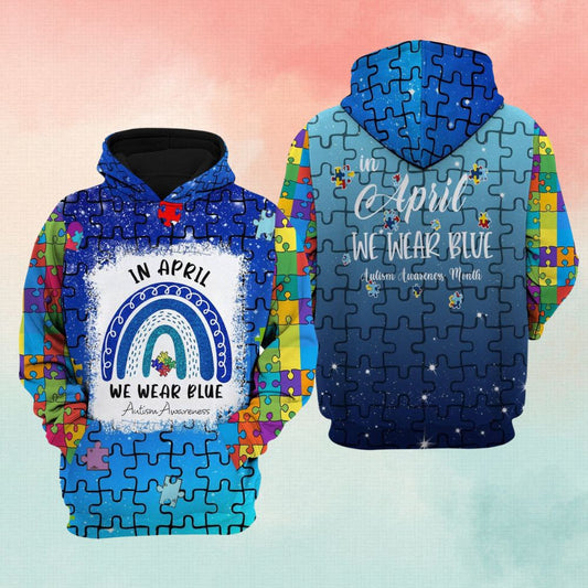 Autism Hoodie, We Wear Blue In April Puzzle Piece All Over Print Hoodie