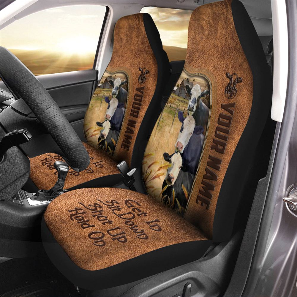 Black Baldy Happiness Personalized Name Leather Pattern Car Seat Covers, Farm Car Seat Cover, Cow Print Seat Covers For Trucks