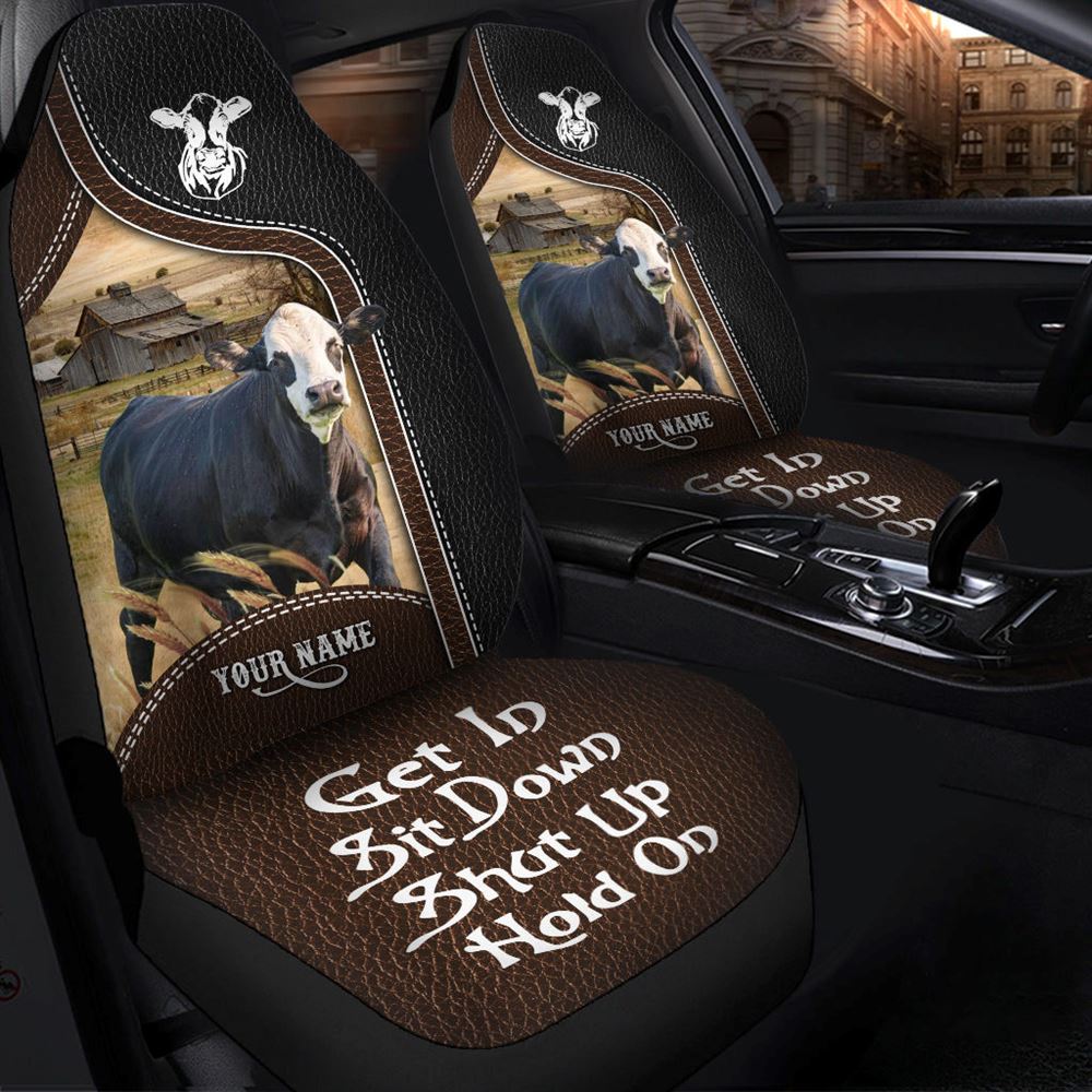 Black Baldy Personalized Name Black And Brown Leather Pattern Car Seat Covers, Farm Car Seat Cover, Cow Print Seat Covers For Trucks