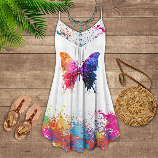 Colorful Butterfly Painting Spaghetti Strap Summer Dress For Women On Beach Vacation, Hippie Dress, Hippie Beach Outfit