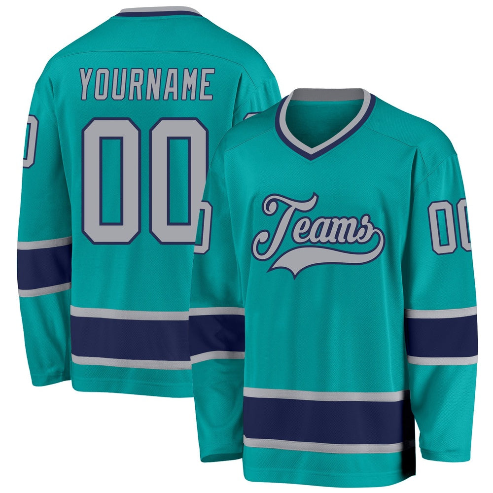 Custom Aqua Gray-Navy Hockey Jersey, Hockey Teams Jersey For Youth Men Womens