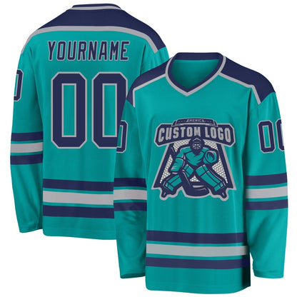 Custom Aqua Navy-Gray Hockey Jersey, Hockey Teams Jersey For Youth Men Womens