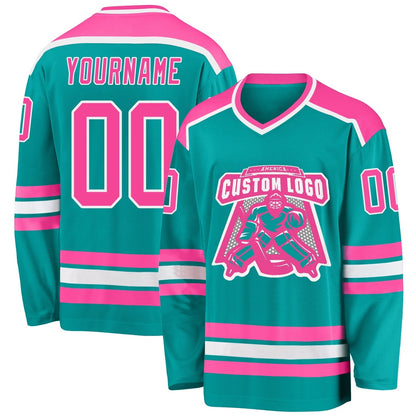 Custom Aqua Pink-White Hockey Jerseys, Hockey Teams Jersey For Youth Men Womens