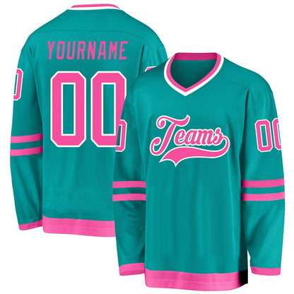 Custom Aqua Pink-White Hockey Jersey, Hockey Teams Jersey For Youth Men Womens