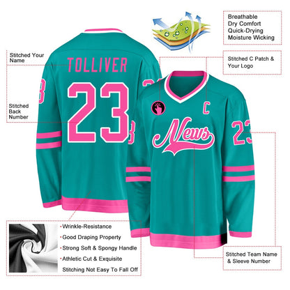 Custom Aqua Pink-White Hockey Jersey, Hockey Teams Jersey For Youth Men Womens