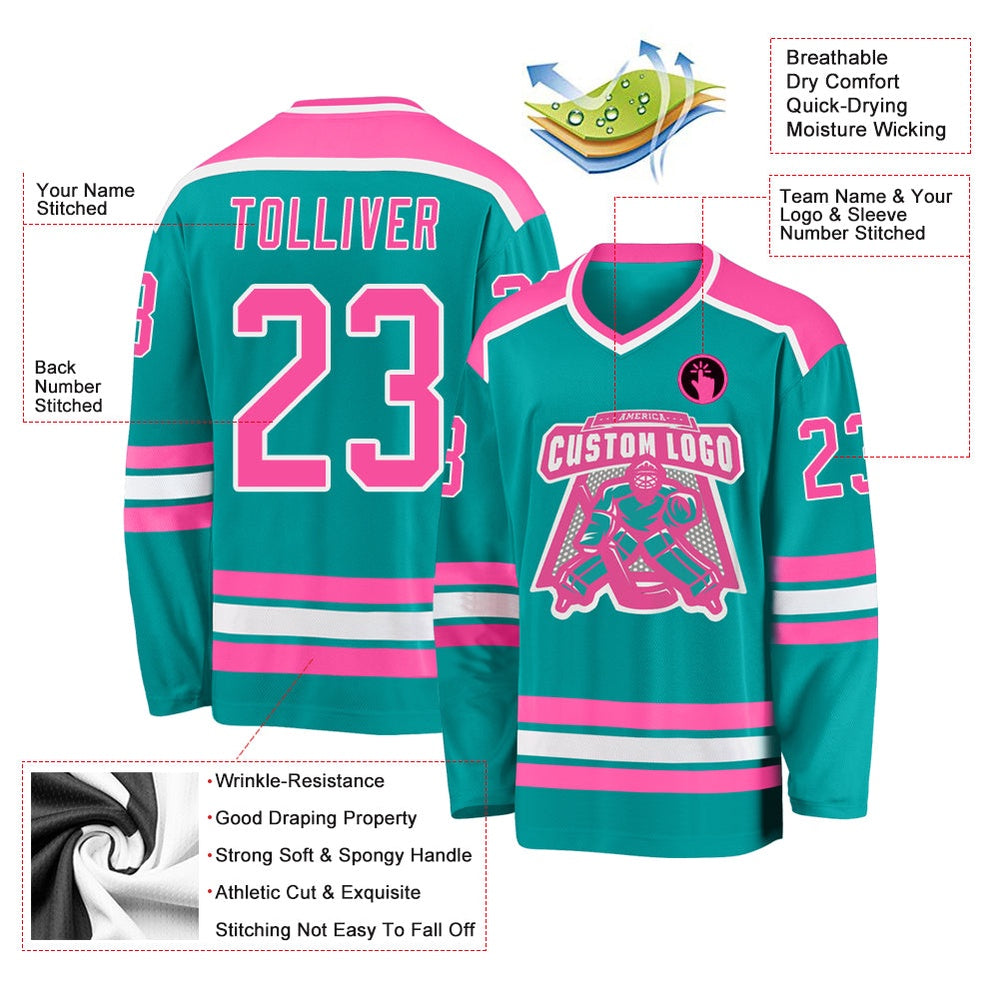 Custom Aqua Pink-White Hockey Jerseys, Hockey Teams Jersey For Youth Men Womens