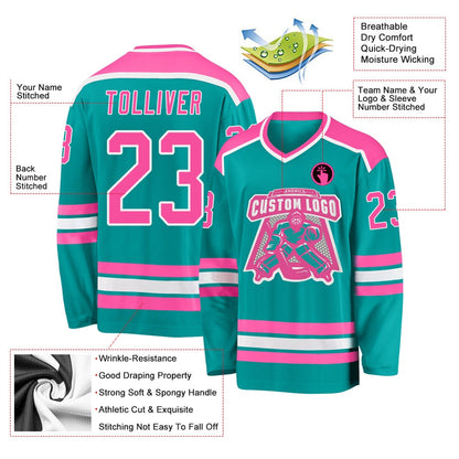 Custom Aqua Pink-White Hockey Jerseys, Hockey Teams Jersey For Youth Men Womens