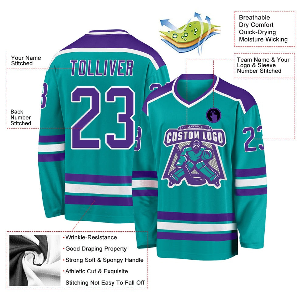 Custom Aqua Purple-White Hockey Jersey, Hockey Teams Jersey For Youth Men Womens