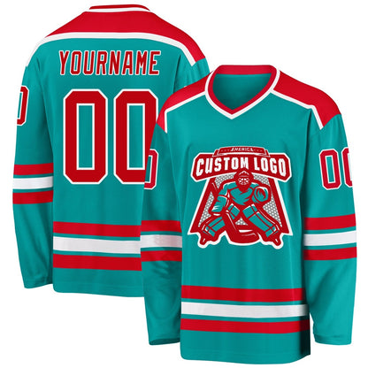 Custom Aqua Red-White Hockey Jersey, Hockey Teams Jersey For Youth Men Womens