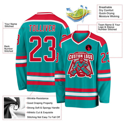 Custom Aqua Red-White Hockey Jersey, Hockey Teams Jersey For Youth Men Womens