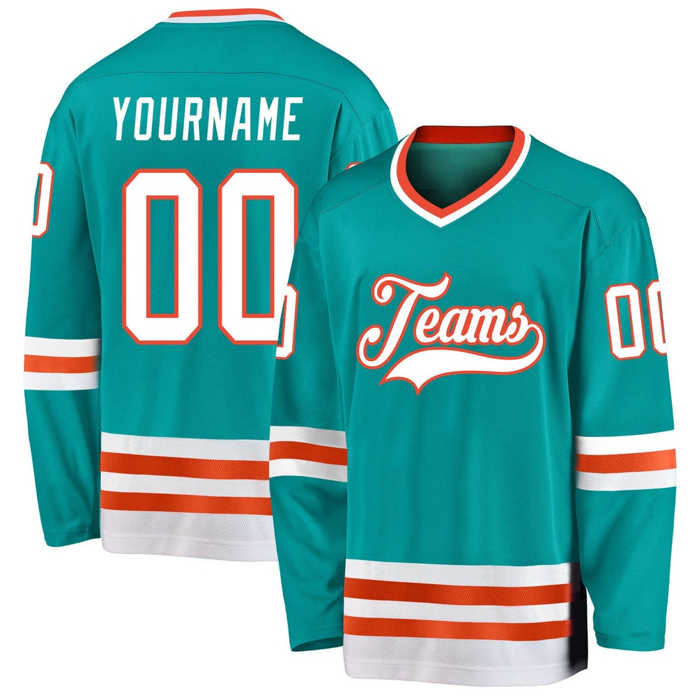 Custom Aqua White-Orange Hockey Jersey, Hockey Teams Jersey For Youth Men Womens