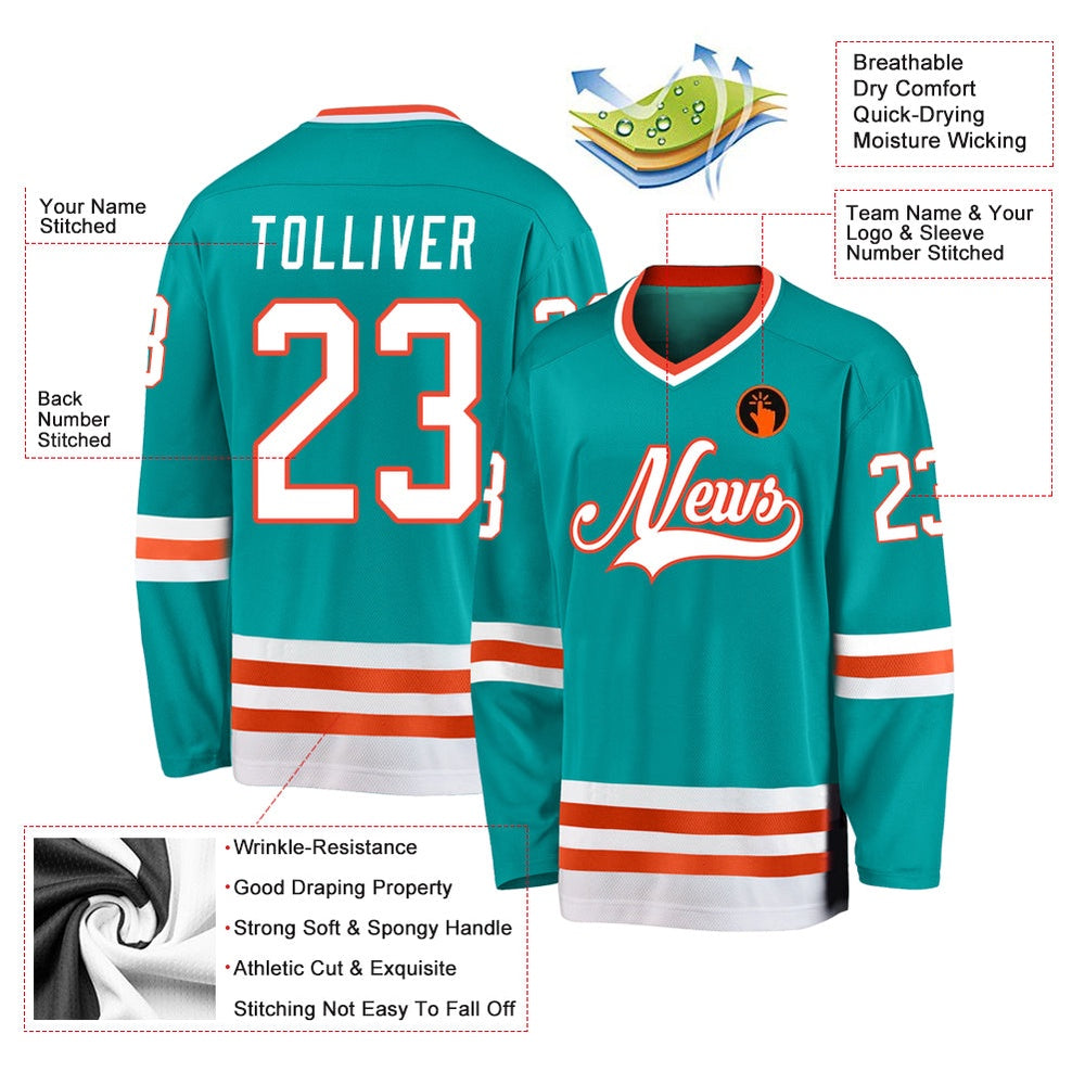 Custom Aqua White-Orange Hockey Jersey, Hockey Teams Jersey For Youth Men Womens