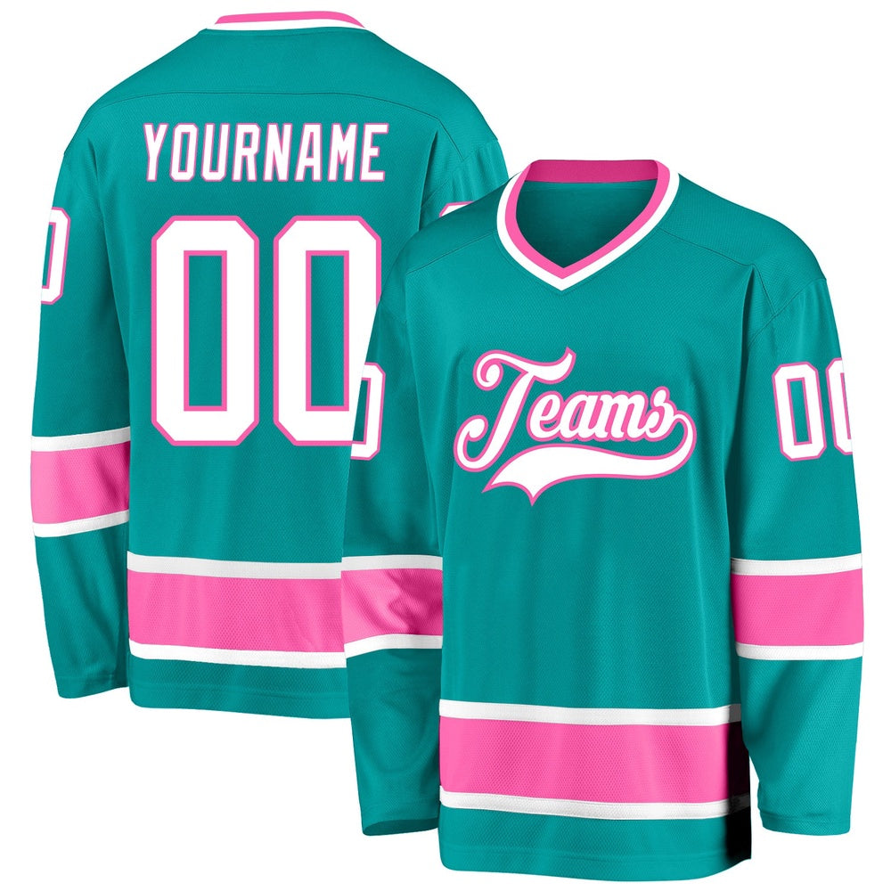 Custom Aqua White-Pink Hockey Jersey, Hockey Teams Jersey For Youth Men Womens