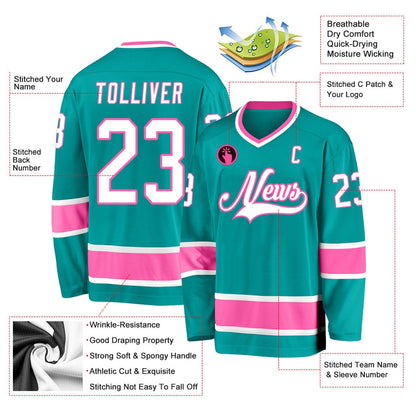 Custom Aqua White-Pink Hockey Jersey, Hockey Teams Jersey For Youth Men Womens