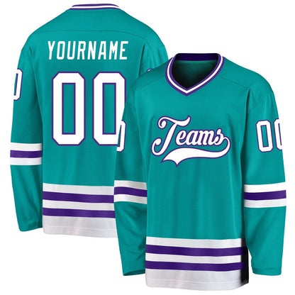 Custom Aqua White-Purple Hockey Jersey, Hockey Teams Jersey For Youth Men Womens