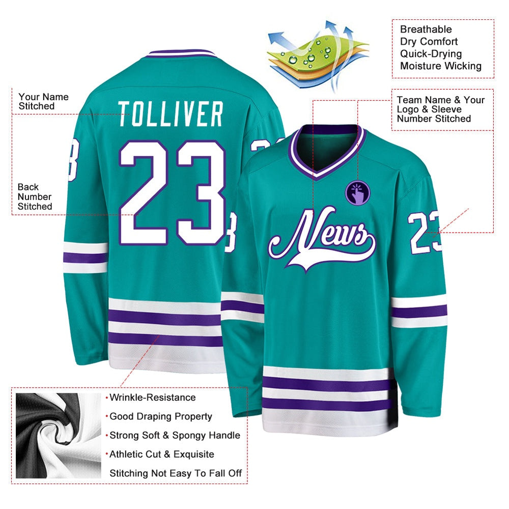 Custom Aqua White-Purple Hockey Jersey, Hockey Teams Jersey For Youth Men Womens