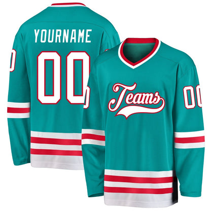 Custom Aqua White-Red Hockey Jersey, Hockey Teams Jersey For Youth Men Womens