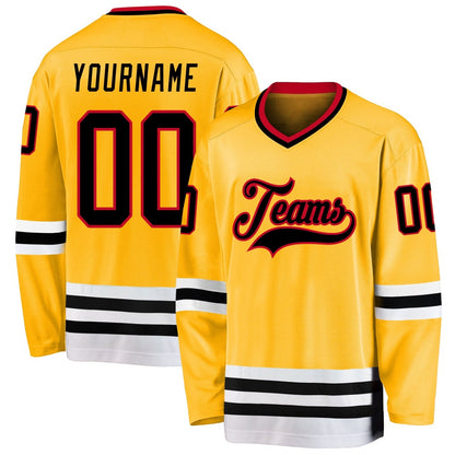 Custom Gold Black-Red Hockey Jersey, Vintage Hockey T-shirts, Custom Hockey Jersey For Team