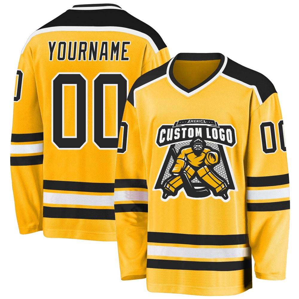 Custom Gold Black-White Hockey Jersey, Vintage Hockey T-shirts, Custom Hockey Jersey For Team