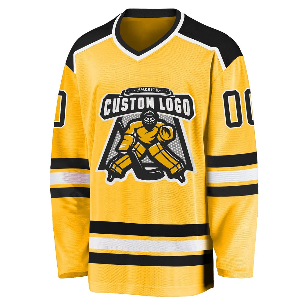 Custom Gold Black-White Hockey Jersey, Vintage Hockey T-shirts, Custom Hockey Jersey For Team