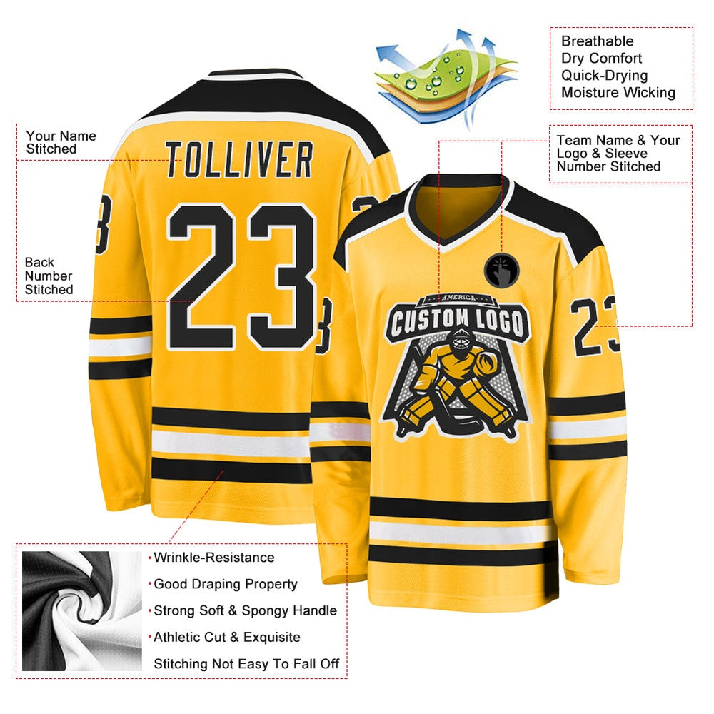 Custom Gold Black-White Hockey Jersey, Vintage Hockey T-shirts, Custom Hockey Jersey For Team