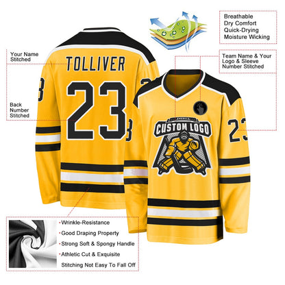 Custom Gold Black-White Hockey Jersey, Vintage Hockey T-shirts, Custom Hockey Jersey For Team