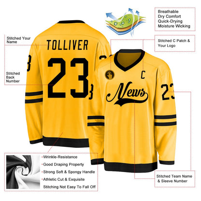 Custom Gold Black Hockey Jersey, Vintage Hockey T-shirts, Custom Hockey Jersey For Team