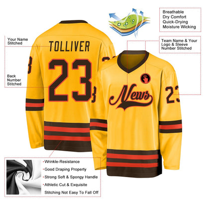 Custom Gold Brown-Orange Hockey Jersey, Vintage Hockey T-shirts, Custom Hockey Jersey For Team